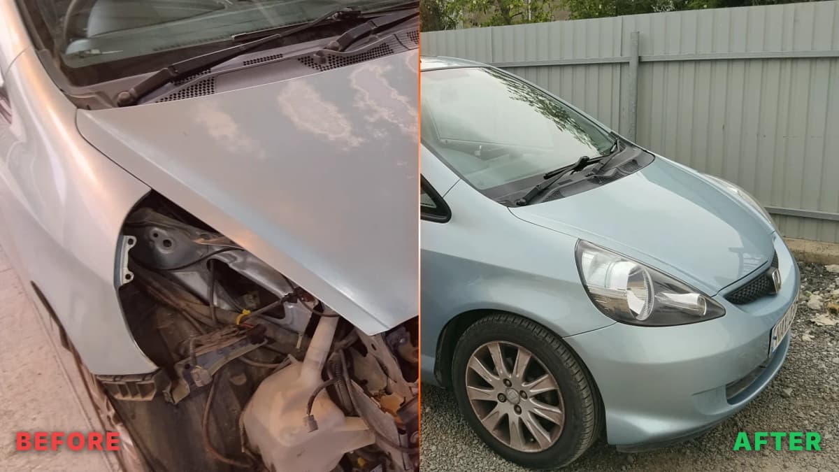 Honda Jazz до и после перекраски после солнечного ущерба в Pinelaki -- капот, бампер и фары полностью восстановлены с 6-летней гарантией