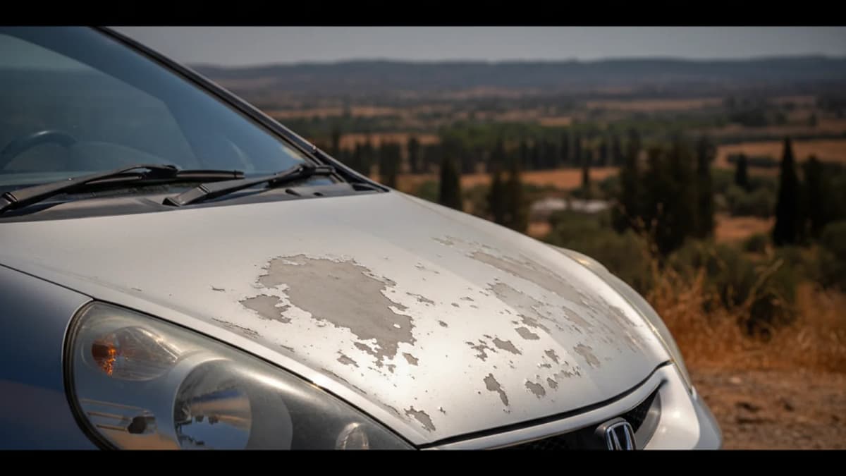 Капот Honda Jazz с выцветшей на солнце краской и отслоившимся лаком под кипрским солнцем