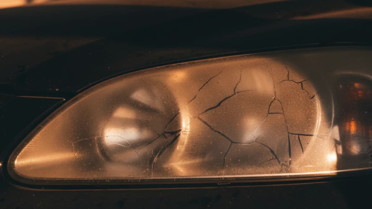 Крупный план пожелтевшей поликарбонатной линзы фары под резким средиземноморским послеполуденным светом, видна текстура окисленной поверхности